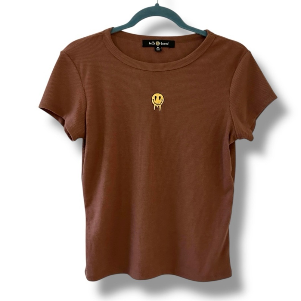 Belle Tweed Brown Ribbed Baby Tee Embroidered Top Melted Happy Face Size XL